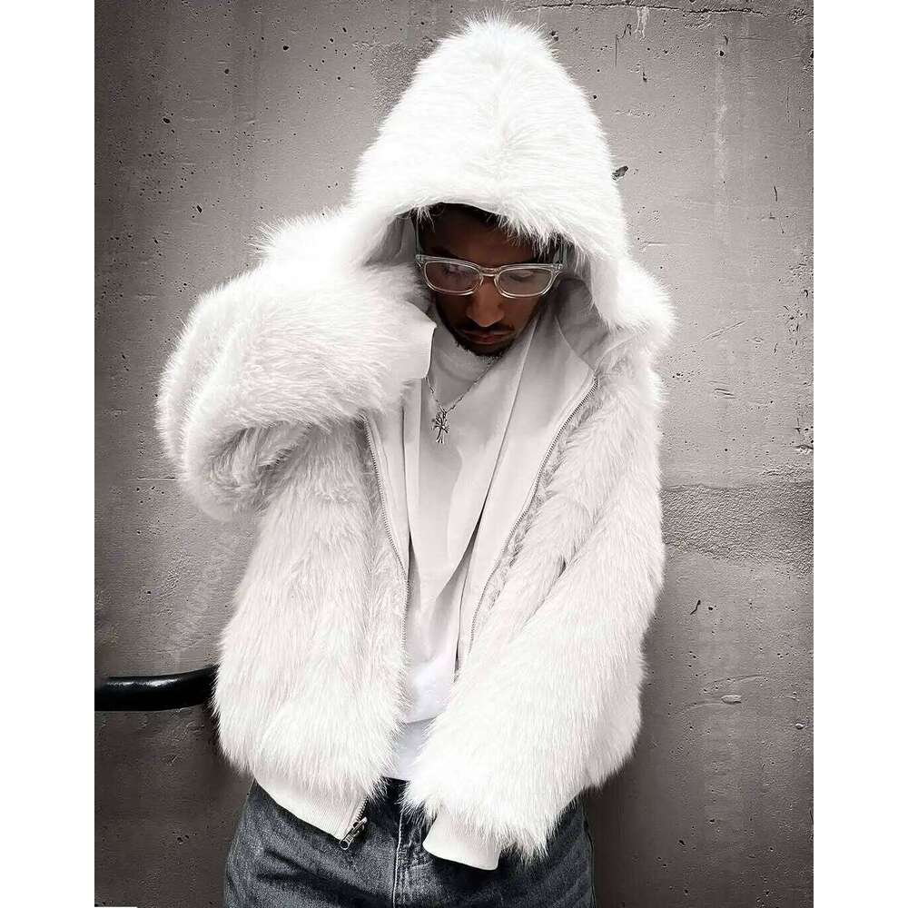 Autumn and Winter Oversized Thickened Warm Black Reversible Faux Fur Parka Men with Hood Zipper Fluffy Jacket Hooded Coat Z260313