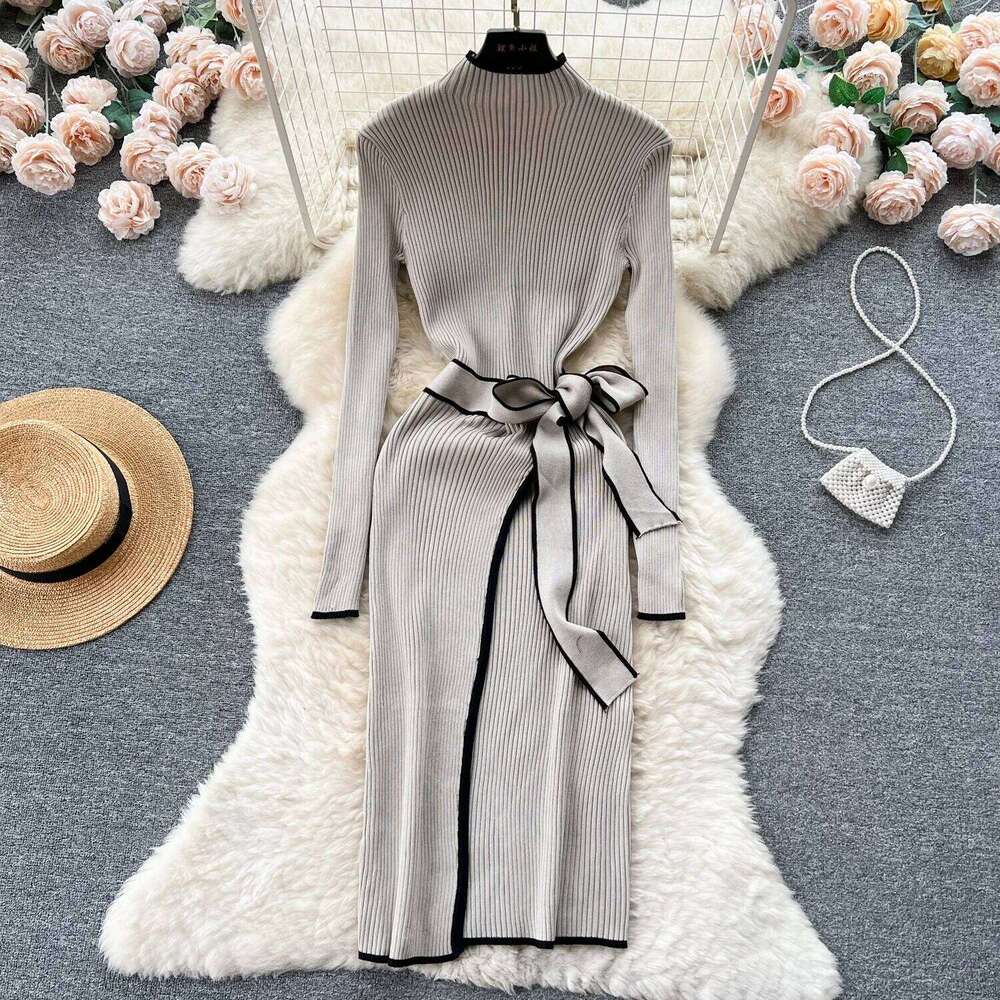 Elegant Contrast Ribbed Knitted Bodycon Long Dress Women Autumn Winter With Belt Bandage Streetwear Stretch Lady Dresses Z260313