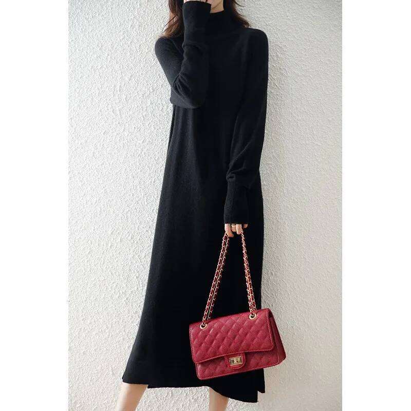 Autumn and winter high lapel dress female Korean version of long over-the-knee cashmere bottoming knitted skirt Z260314
