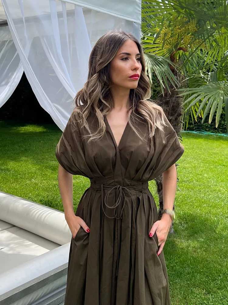 HH Female Summer Elegant Long Dress Solid V-Neck Short Sleeve Bow Lace-Up Single-Breasted Womens Fashion Casual DressT260314