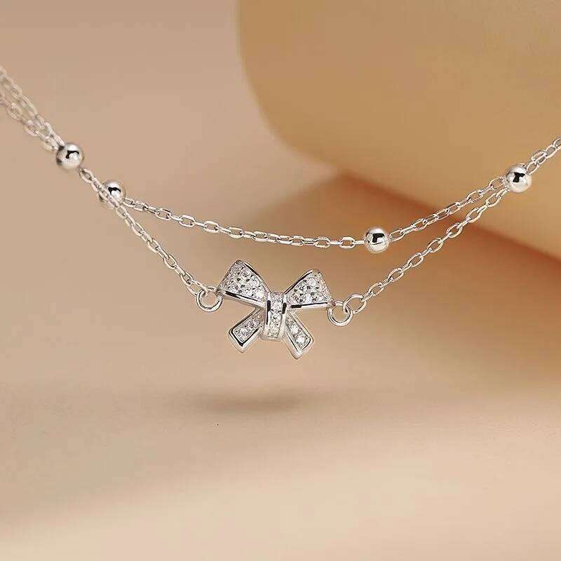 925 Sterling Silver Double Layer Bownot Bracelets For Women Vintage Korean Sparking Zircon Chain Bracelet Party Fine Jewelry Z260313