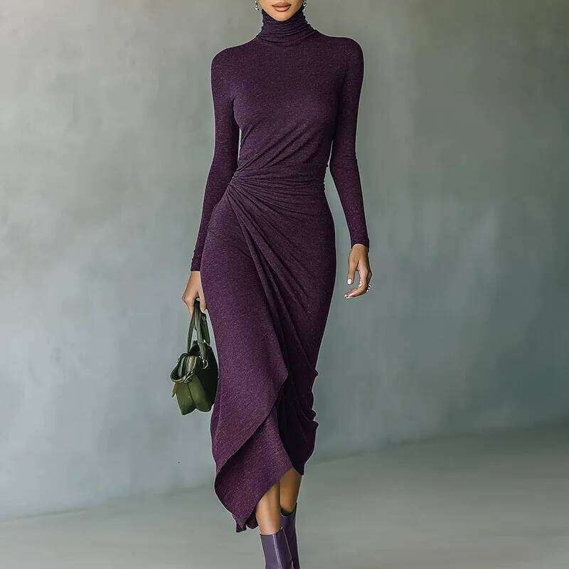 2026 Spring Casual Turtleneck Slim Irregular Woman Elegant Solid Draped New Autumn Long Sleeve Femme Boho Dress Z260314