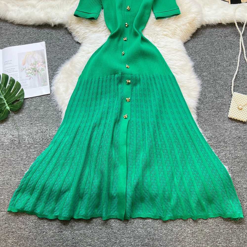 YuooMuoo Brand Fashion Vintage Turn-down Collar Knit Maxi Dress Elegant Single-breasted A-line Long Shirt Dress Lady VestidosT260314