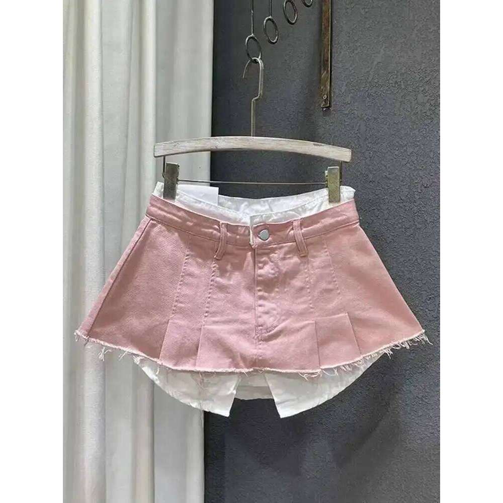 DEAT Trend Contrast Color Patchwork Denim Skirt Women Hem Burrs High Waist Loose Wrap Hip Skirts Female 2025 Spring New 11XX1592 Z260314