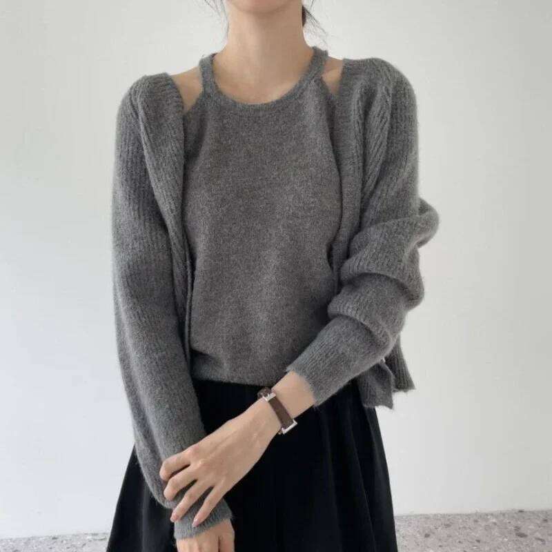 Korean Autumn and Winter New Style V-neck Sweater Cardigan Cashmere Knitted Vest Design Sense Two-piece Set Women's Top Jumper Z260313