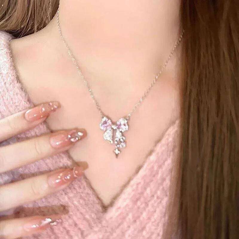 Fashion Fairy Pink Crystal Bow Knot Pendant Necklaces Y2K Girls Sweet Rhinestone Heart Clavicle Chain Women Jewelry Gifts H260312