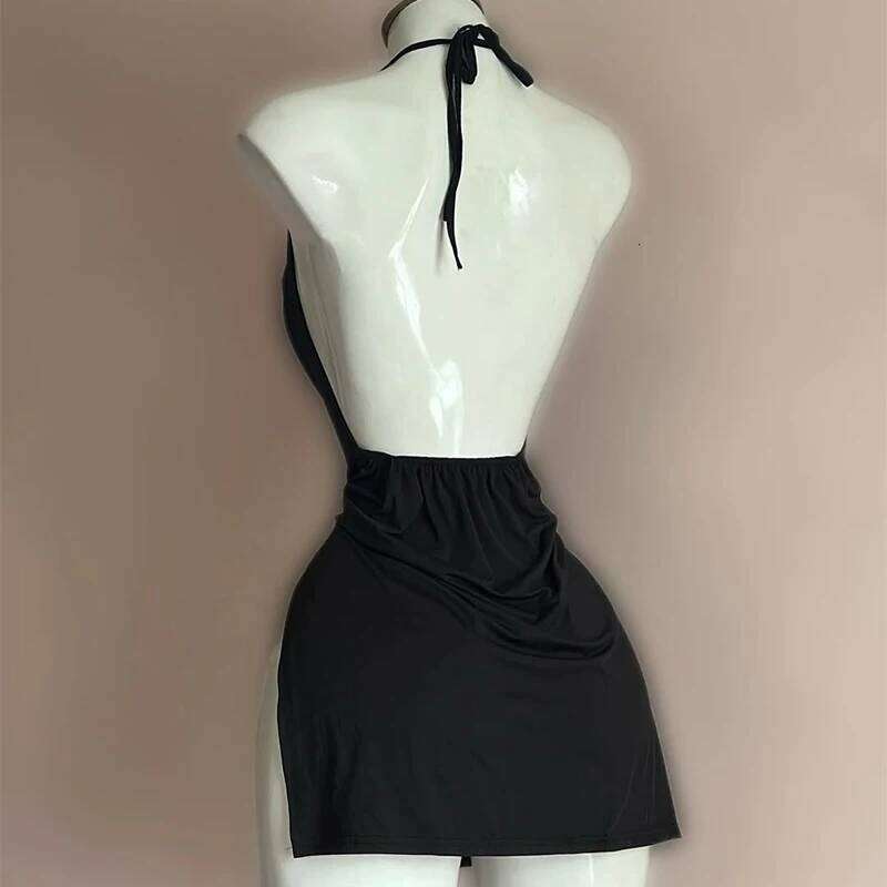 Sexy Lingerie Passion Temptation Nightdress Skirt Y2k Retro Street V Neck Slit Back Suspender Backless Evening Dress
