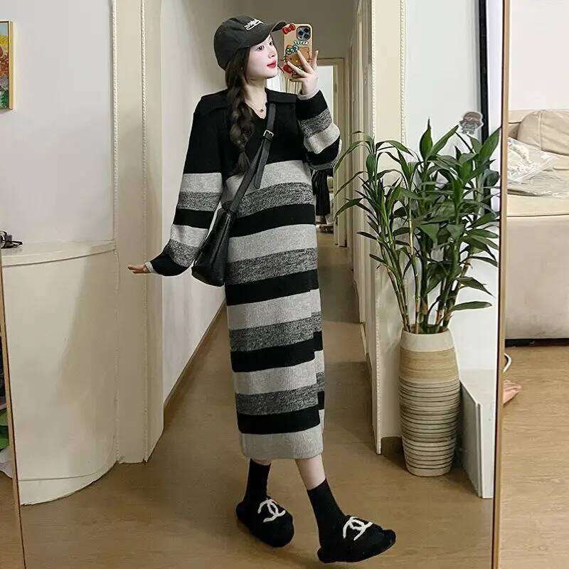 Striped Knit Dress For Women Long Sleeve Polo Neck Loose Fit Mid Calf Length Casual Style Autumn Winter Wear Z260313