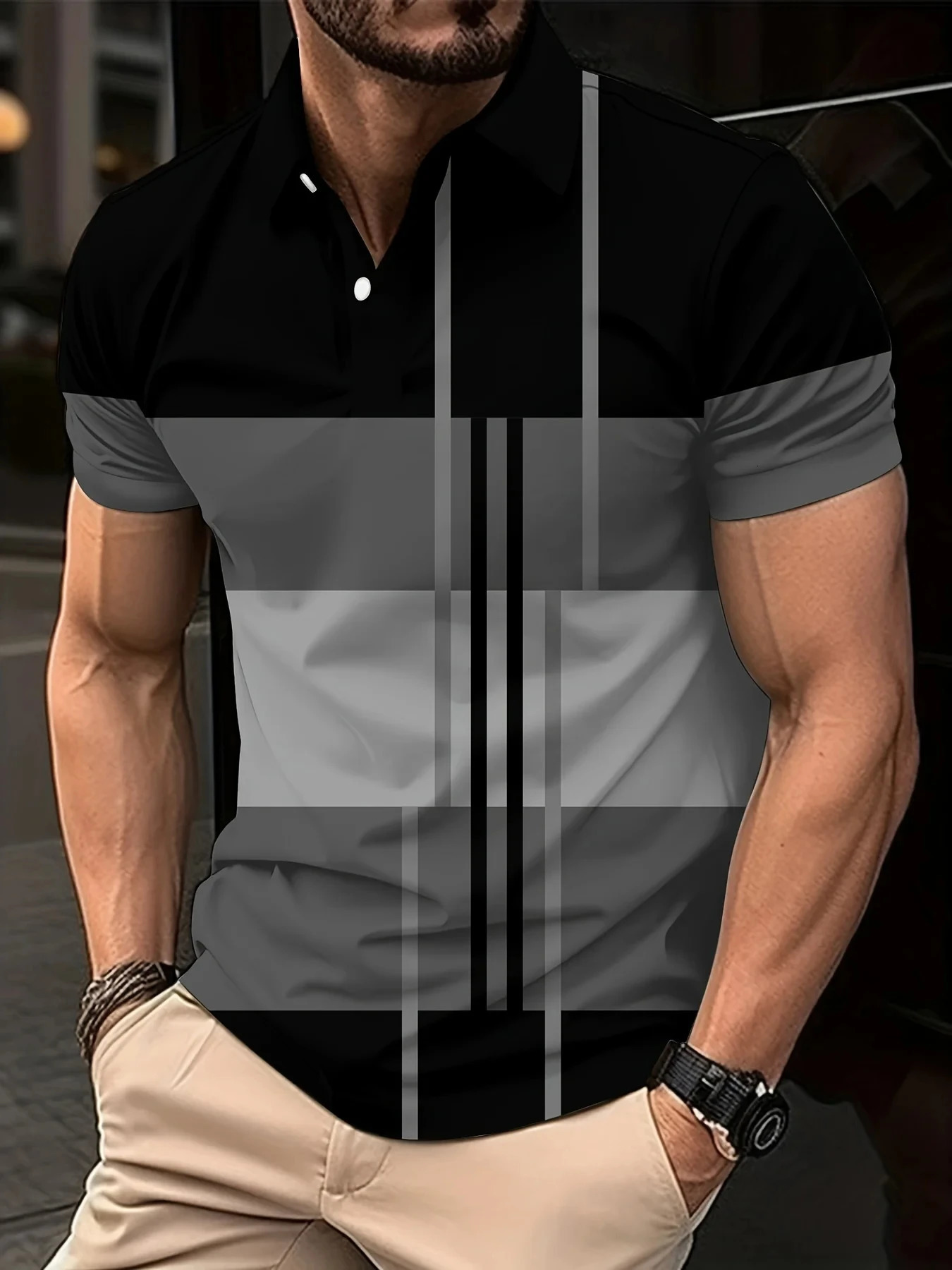 Male Golf Stripe Polo Mens Casual ShortSleeved Shirt Solid Color Lapel Fashion Business Sports Breathable TShirt Top 260312