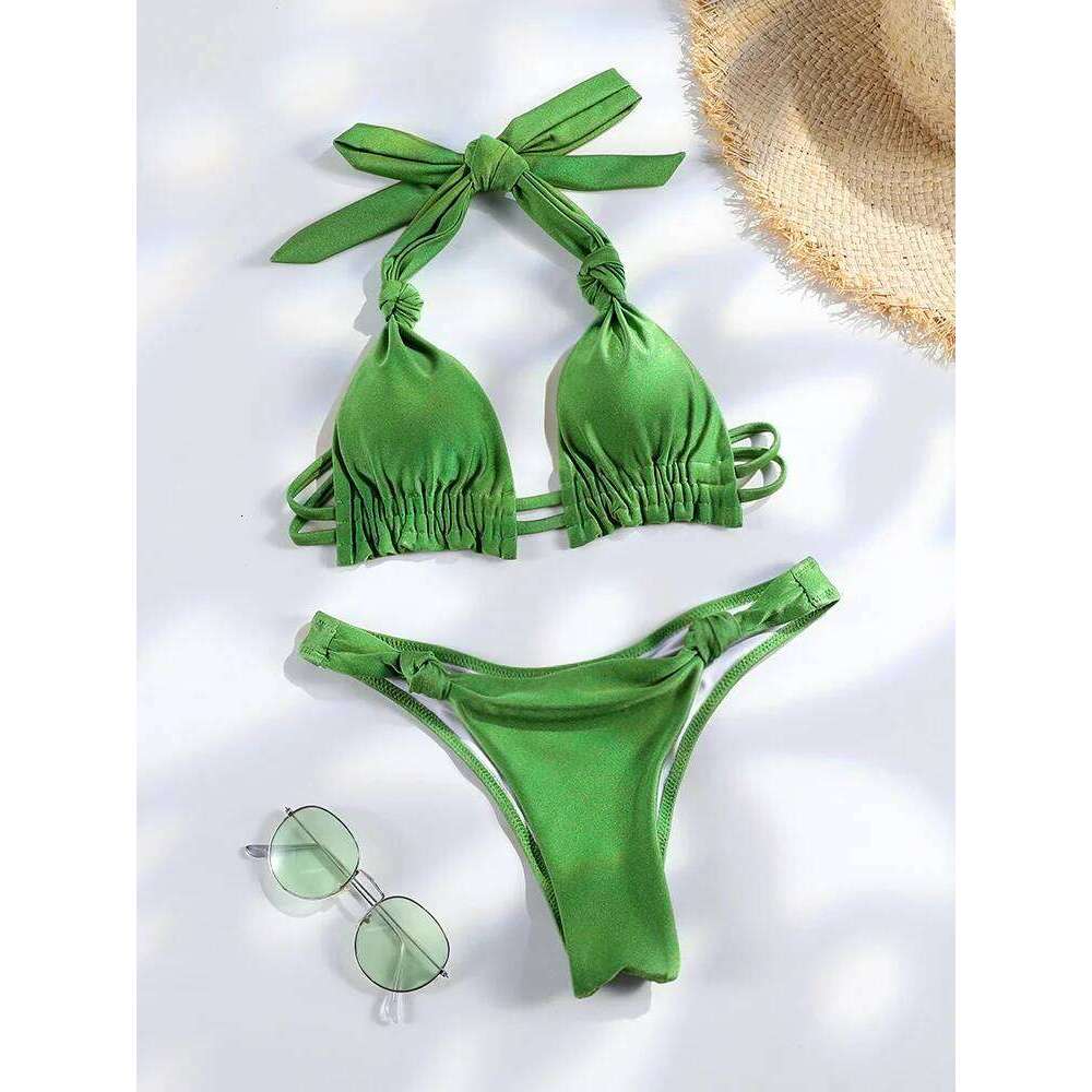 Tiedown Bikini for Women Triangle Swimwear Bathing Suit Brazilian 2-Piece Folds Bikinis Set solid Push Up Swimsuit New 26H0313