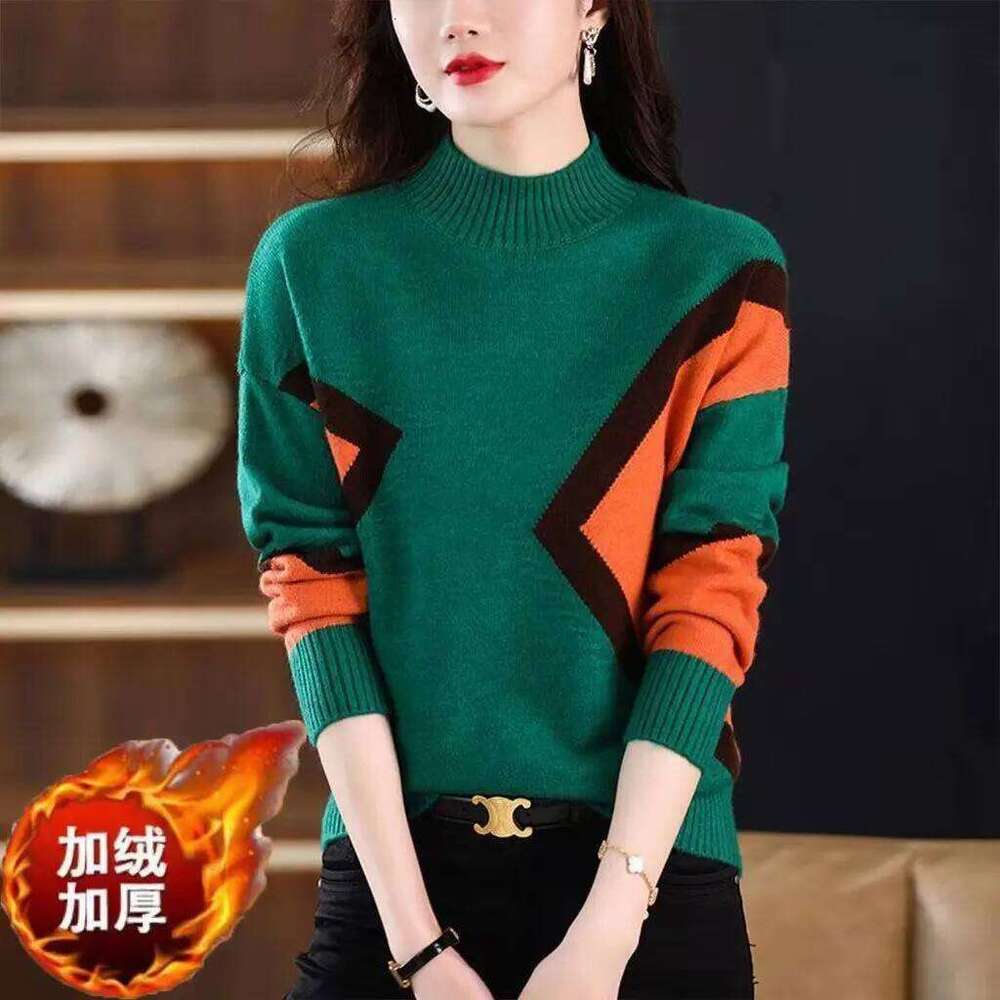 Velvet and Thickened Women's Top 2024 New Autumn/Winter Korean Edition Color Block Knitted Half High Neck Sweater Z260313