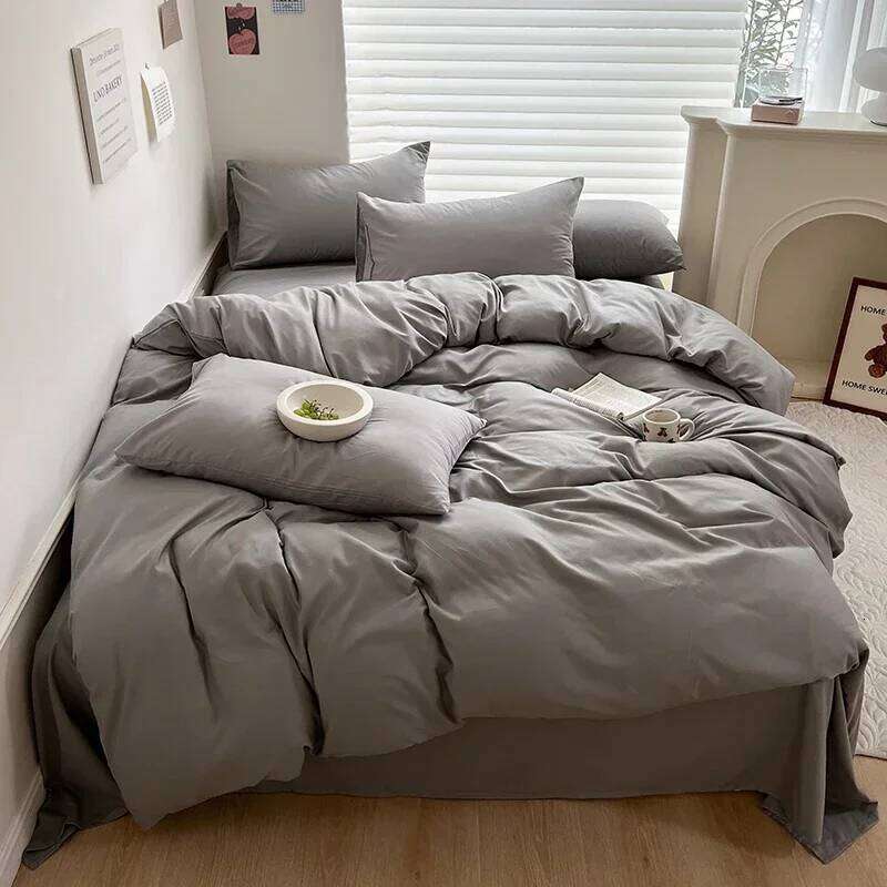 Solid Bed Linen Cotton Bedding Set with Sheet Duvet Cover Pillowcase Single Couple Bedsheet King Queen Double Twin Size H260312 - view 3