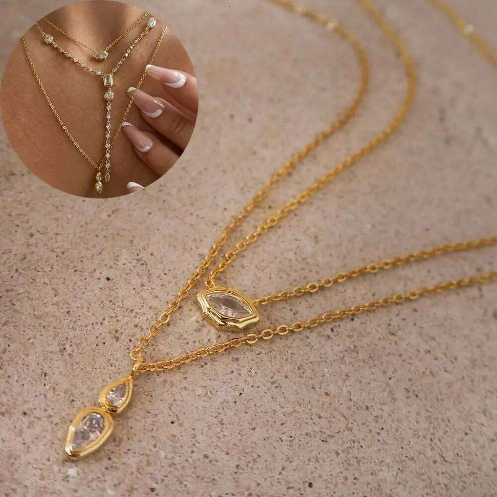Fashion Minimalist Zirconia Oval Round Electroplated Pendant Copper Long Clavicle Necklace H260312