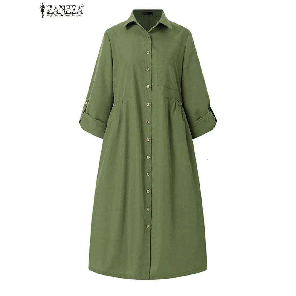2024 Spring Causal Shirt Dress Women Long Sleeve Solid Dresses ZANZEA Fashion Lapel Neck Midi Vestidos Holiday Sundress Oversize Z260313