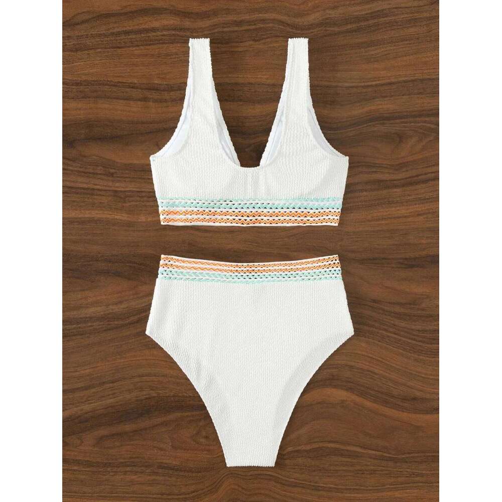 2025 Sexy Strape Tape Swimsuit Women Solid High Waist Bikini Set V-neck Swimwear Female Padded Bathing Suit Swimming Beachwear Y260303