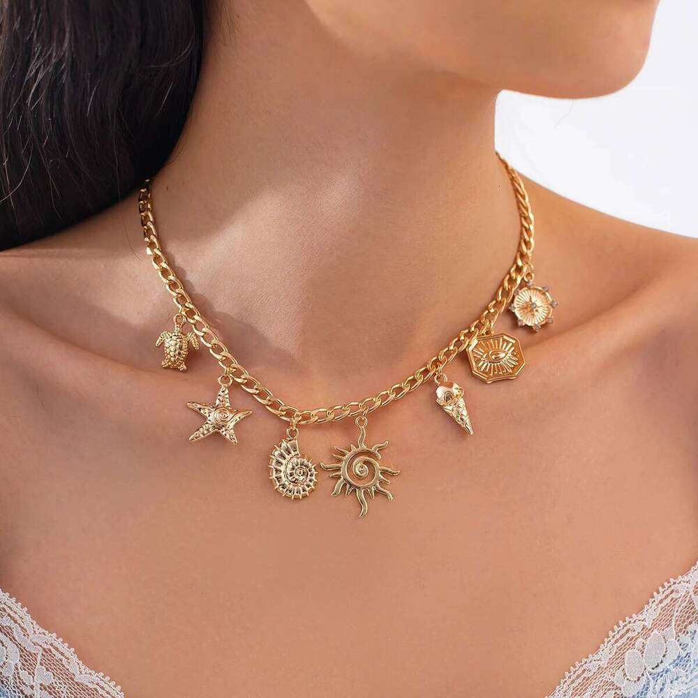 Salircon Sun Starfish Scallop Pendant Necklace for Women Vintage Conch Summer Beach Holidays Gold Color Chain Jewelry Gift H260312