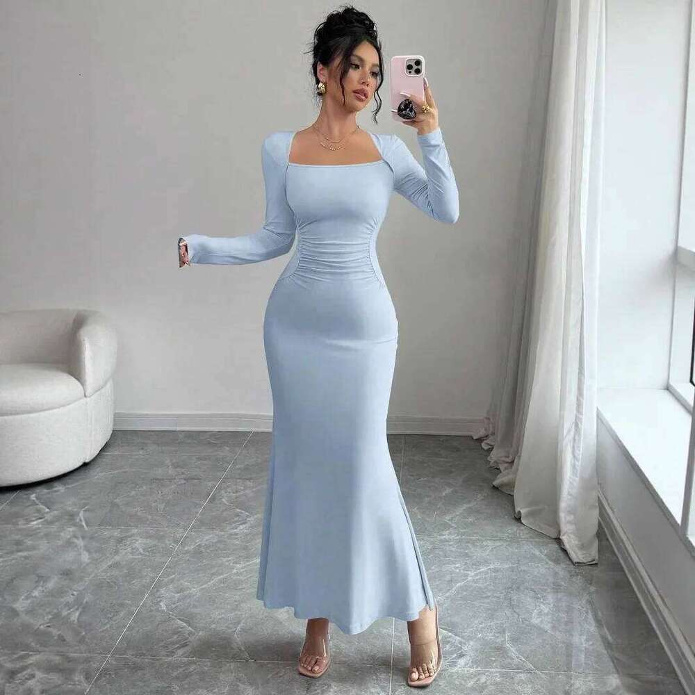 Elegant Long Sleeve Fish Tail Dress Women's Fashionable Slim Fit Sexy Gown Full Length Ankle Skirt Regular Waistline
