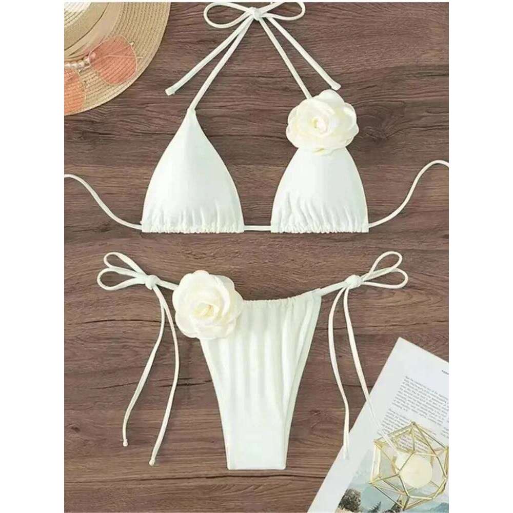 Sexy Flower Bandeau Swimwear Thong Bikini 2026 Women Lace-up Swimsuits Swimming Bathing Suit Brazilian Bikinis Set Mujer Biquini 26H0313