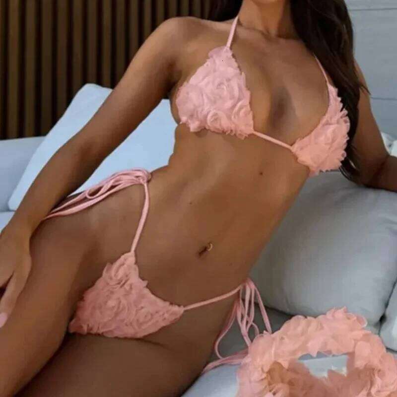 Set Women 2 Piece Swimsuit Chic Floral Sexy Triangle Halter Micro Bikini Bandage Cover Up 2025 New Beachwear Bathing Suit Y260303