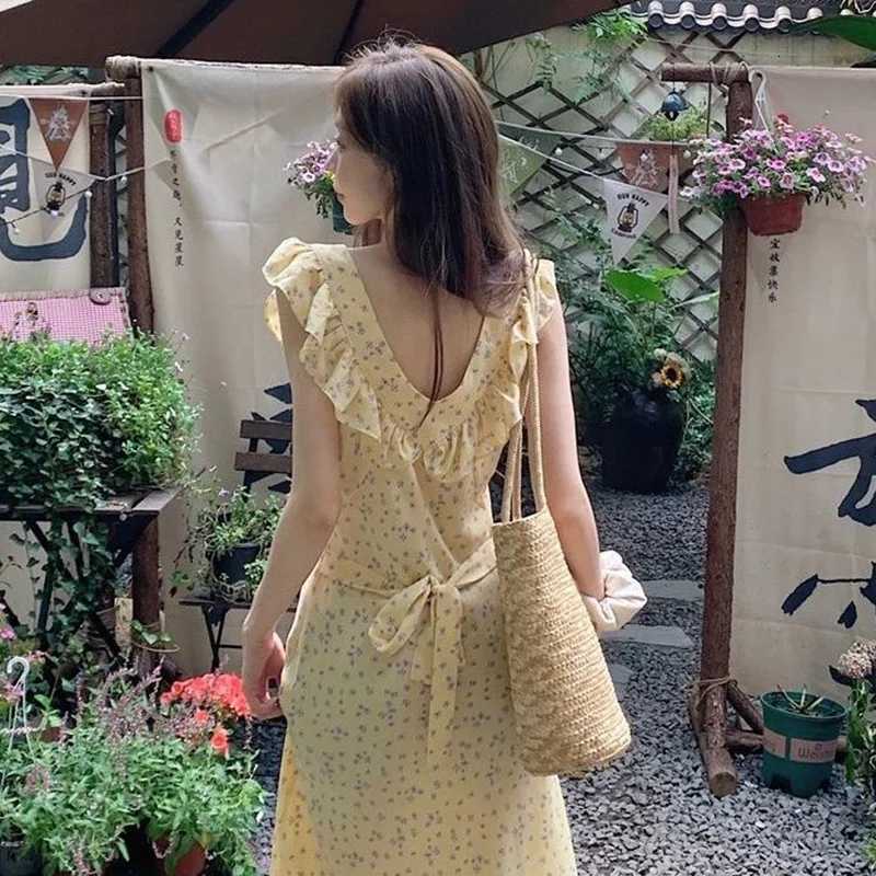 Women Elegant Baby Blue Floral Maxi Dress Lady Feminine Ruffle Trim Square Neck A-Line Dress Female Prairie Chic Party DressT260316