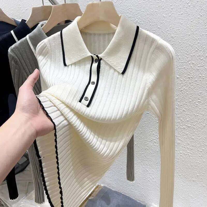 POLO Collar Knitted Base Shirt for Women's Tops New Early Autumn Lapel Inner Sweater Z260314