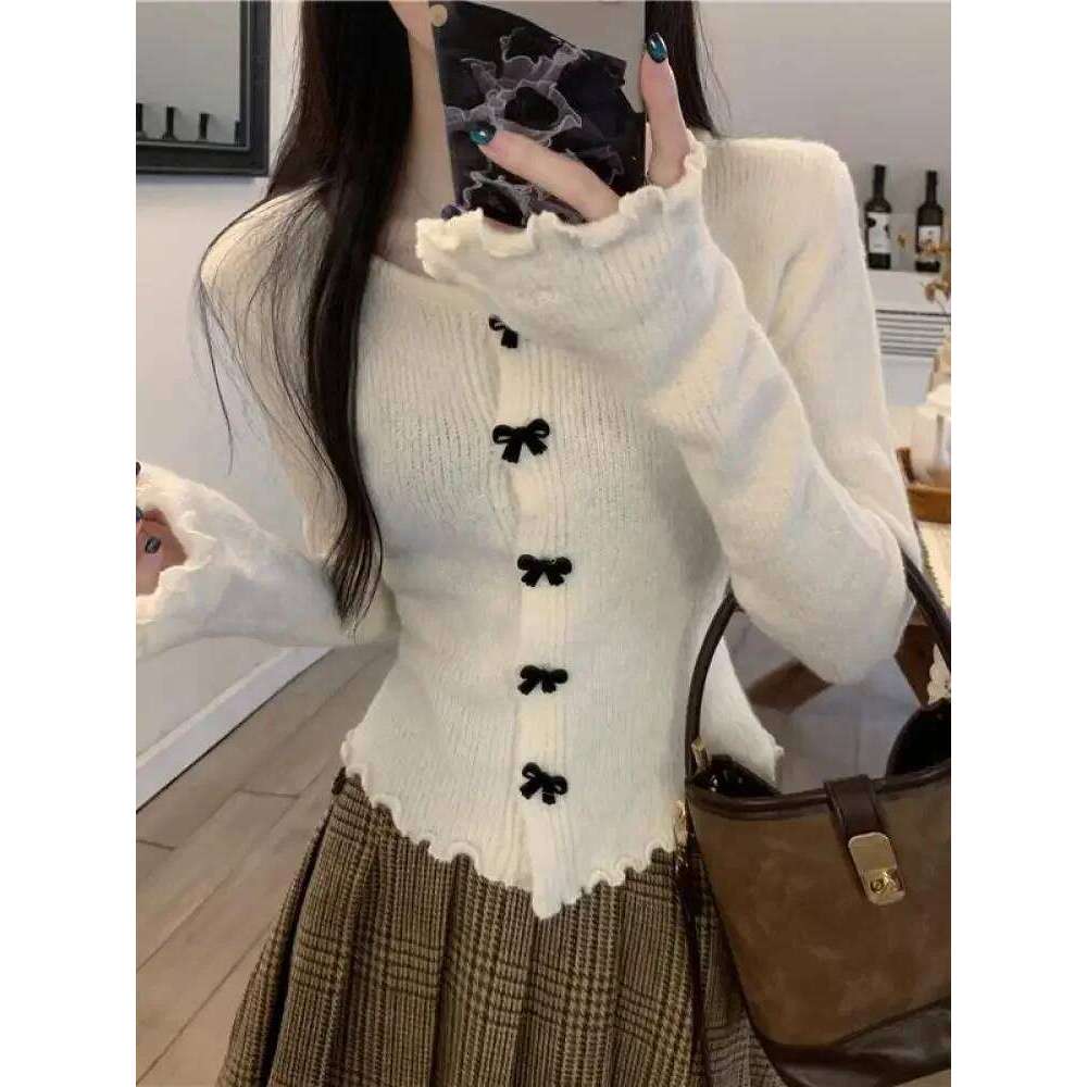Autumn Winter Knitted Single-breasted Sweaters Women's Ruched Long Sleeve Cropped Cardigan V Neck Button Down Knit Tops Z260314