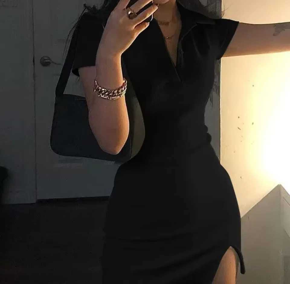 Womens EU US Black Short Sleeve Polo V-Neck Bodycon Knit Side Slit Mini Dress Daily Dating Party Spring Summer Casual WearT260314