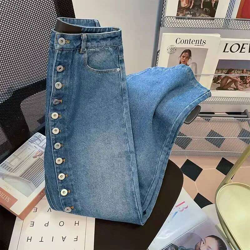 Retro Blue Straight Loose Jeans 2025 New Spring Autumn Multi Buttons Design Slim Wide Leg Denim Pants Female Trousers Streetwear Z260313