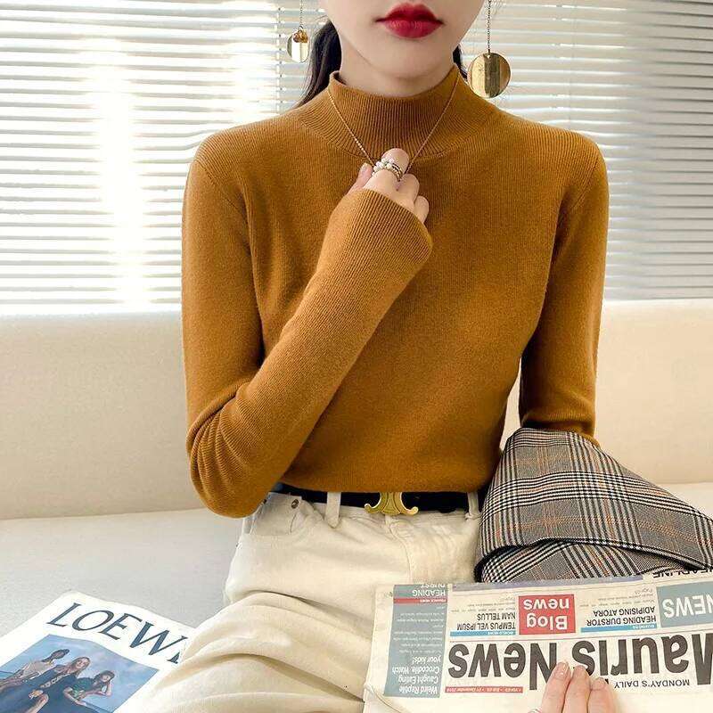 2025 Autumn/Winter New Women's Wool Blended Loose Half High Neck Solid Short Pullover Bottom Knit Sweater Ladies' Top Z260313