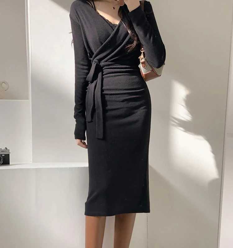 Korean Sle V-Ne Long Sve Wrap Dr Slimming A-Line Midi Dr for Women Autumn Winter Pure Color Commute SleT260314