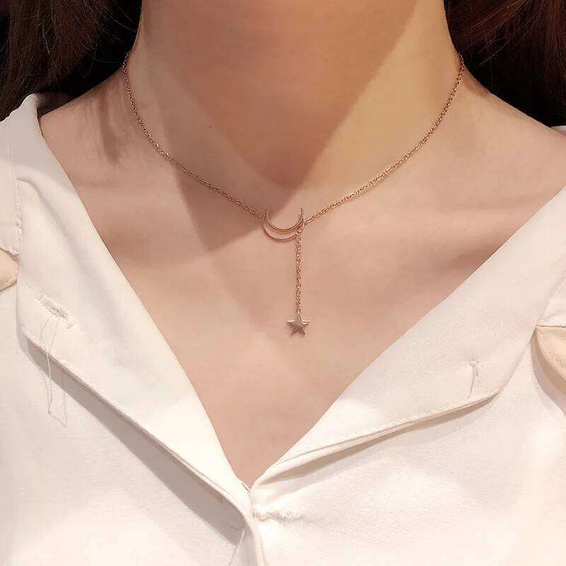 New Moon Star Pendant Choker Simple Gold Color Alloy Charm Chain Collares Necklace For Women Party Jewelry H260312