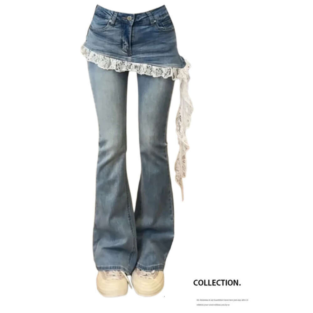 Women Korean Slim Design Lace Patchwork Harajuku Y2K Denim Flare Pants 2000s Kpop Bell-Bottom Long Trousers Gyaru Abi Jean New Z260313