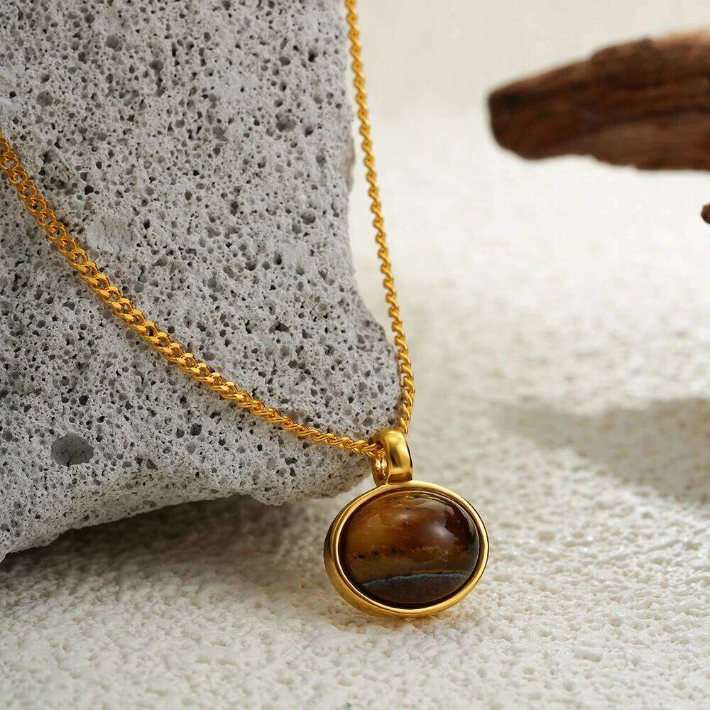 Vintage Natural Stone Tiger Eyes Oval Pendant Necklace for Women Stainless Steel Chain Necklaces Femme Jewelry Bijoux Gift H260312