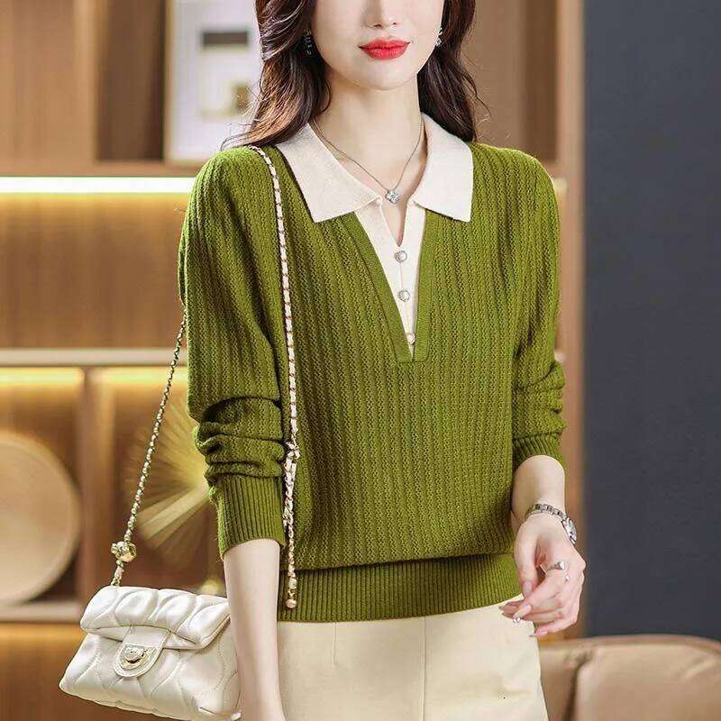 Autumn Winter Fashion Polo-Neck Knitted Pullovers Women's Clothing Elegant Simplicity Solid Fake Two Pieces Sweaters for Female Z260313