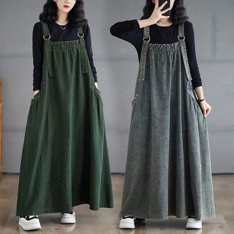 Retro Crtsmanip Loose Fit Slimming Denim Overalls Long Skirt Dr Spring Summer Autumn Winter A-Line Straight Cut GownT260314