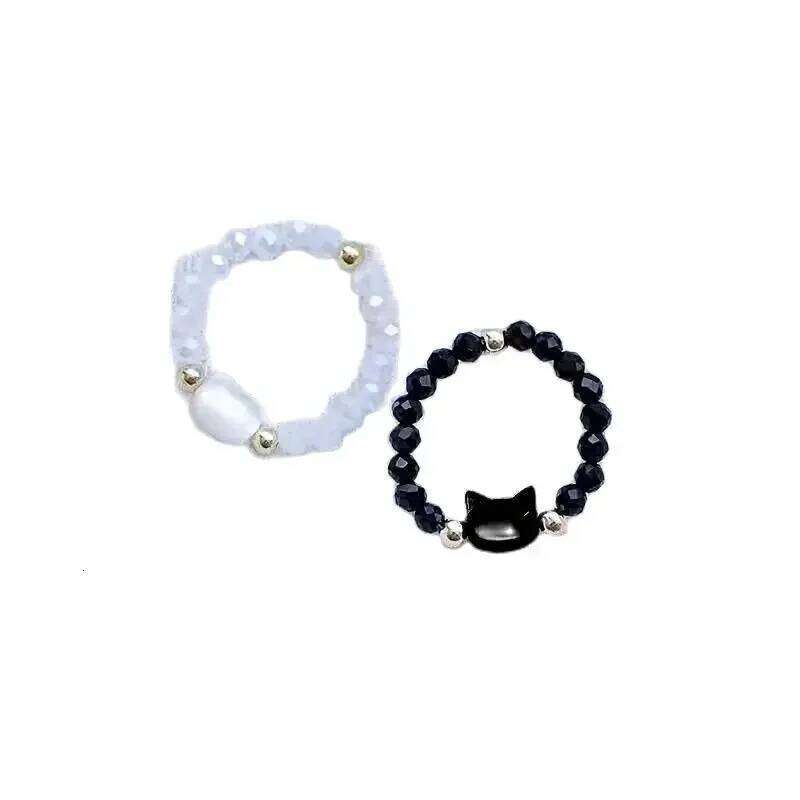Fashion Natural Moonstone Obsidian Rings Minimalist Handmade Cute Black White Cat Bead Ring Women Party Accessories Jewelry Gift H260312