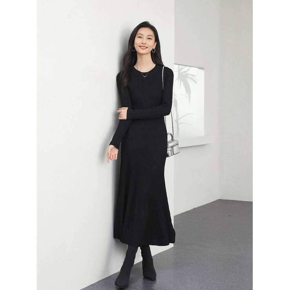 VIMLY Long Dresses 2025 Winter Woman Elegant Wool Blend Knitted Evening A-line Round Neck Slim Bodycon Midi Dress 73533 Z260313