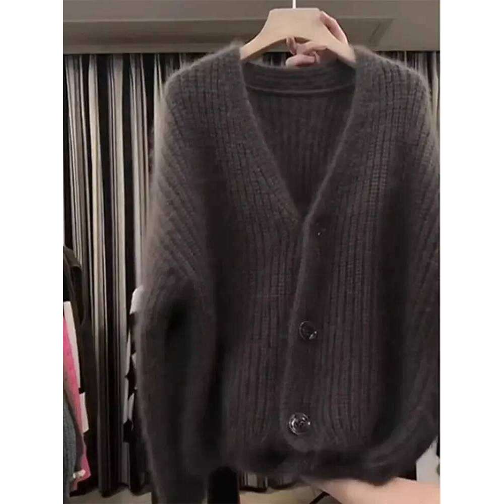 Fluffy Soft Knitted Cardigan V-neck Single Breasted Sweater Women Lazy Coat Crop Tops Design Jackets Long Sleeve Top Z260313
