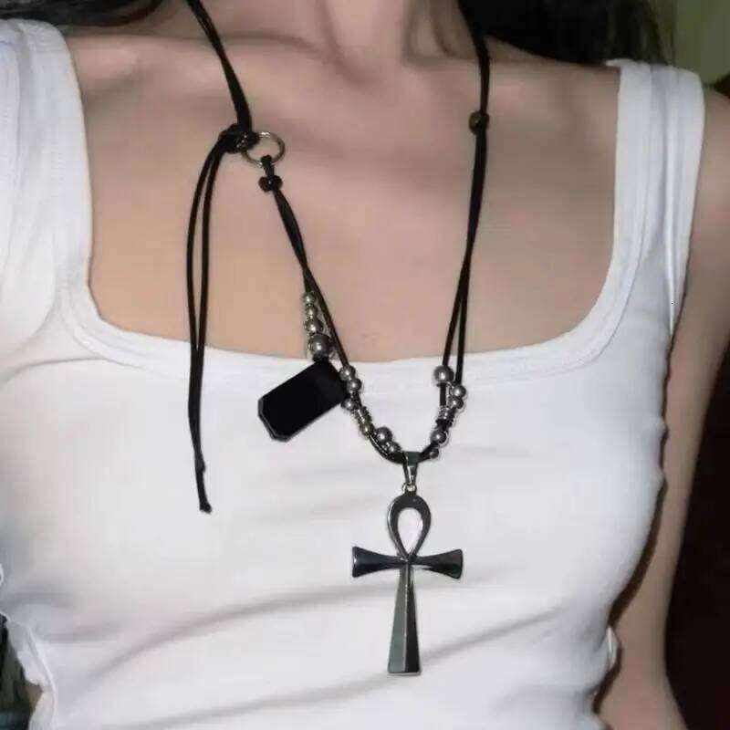 Women Punk Y2K Retro Metal Cross Pendant Necklace Girls Gothic Black Rope Long Sweater Chain Fashion Party Jewelry Gifts H260312