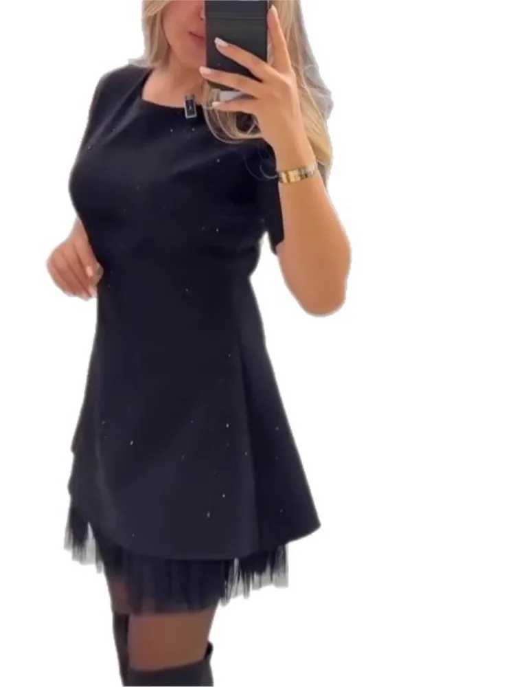 Elegant Casual Dress Spring Summer New Style Hot Rhinestone Hem Mesh Solid Fashion Dress For Women Short Sleeve Holiday DressT260314