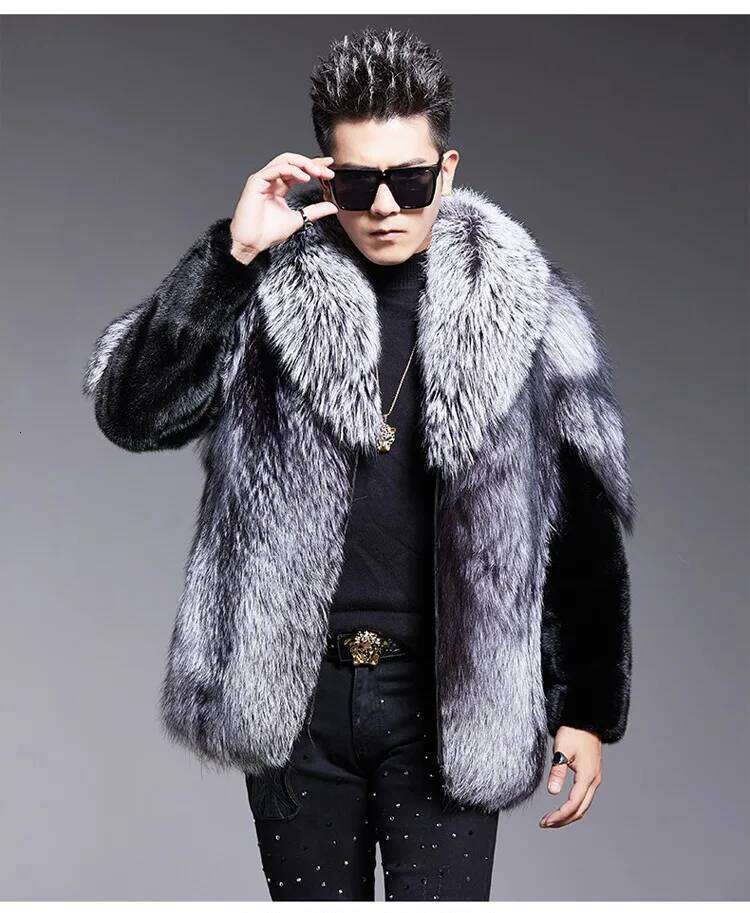 Thick Jacket Winter Fox Coats Men Faux Fur Outerwear Turn Down Collar Long Sleeve Cardigan 2025 Spliced High Street Z260313