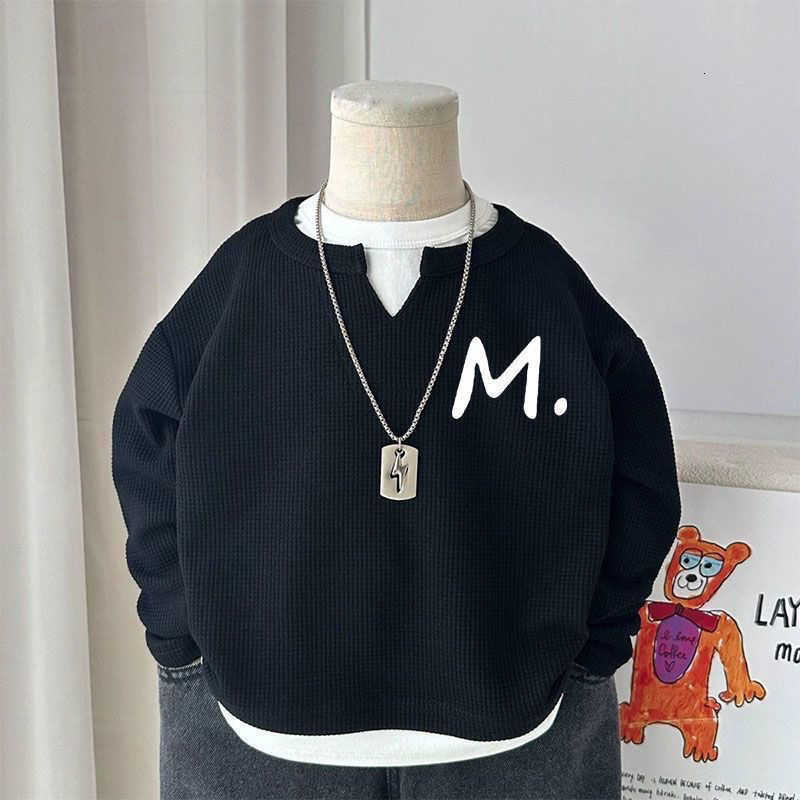 Clothing Sets (waffle weave) faux two-piece printed loose top for boys in spring and autumn