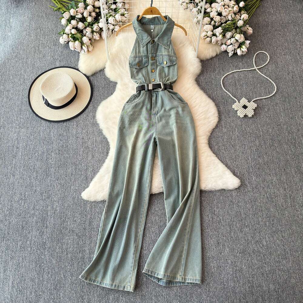 2026 summer high-end exquisite blue denim jumpsuit women's wide leg pants French retro chic