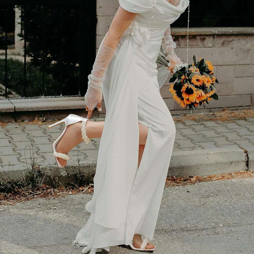 Women S Pearl Stiletto Heels Sandals Sexy Open Square Toe Sparkly Ankle Back Zipper Bridal Satin Wedding Party Dressy Heels Shoes MOJIDASHU