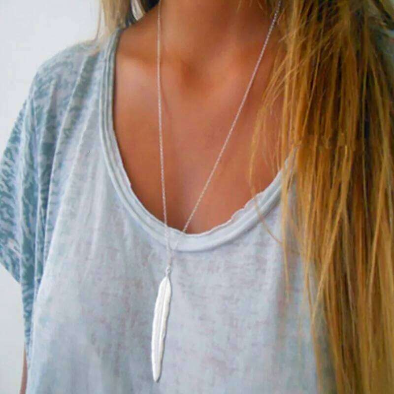New Fashion Vintage Long Feather Pendant Necklace Jewelry Golden Simple Shape Collar Women Sexy Chain Collares H260312