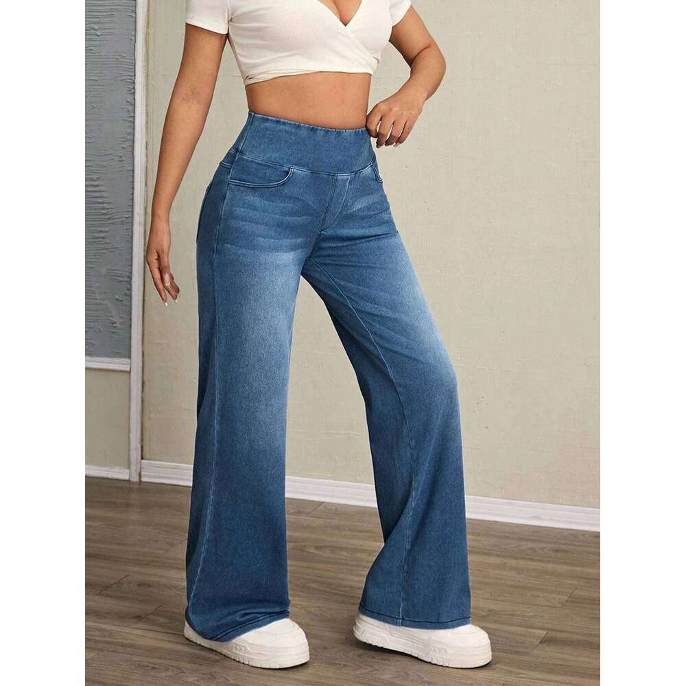 Women's high-rise wide-leg jeans with tummy tuck, slim fit, made from stretch denim fabric, are stylish for casual everyday wear Z260313