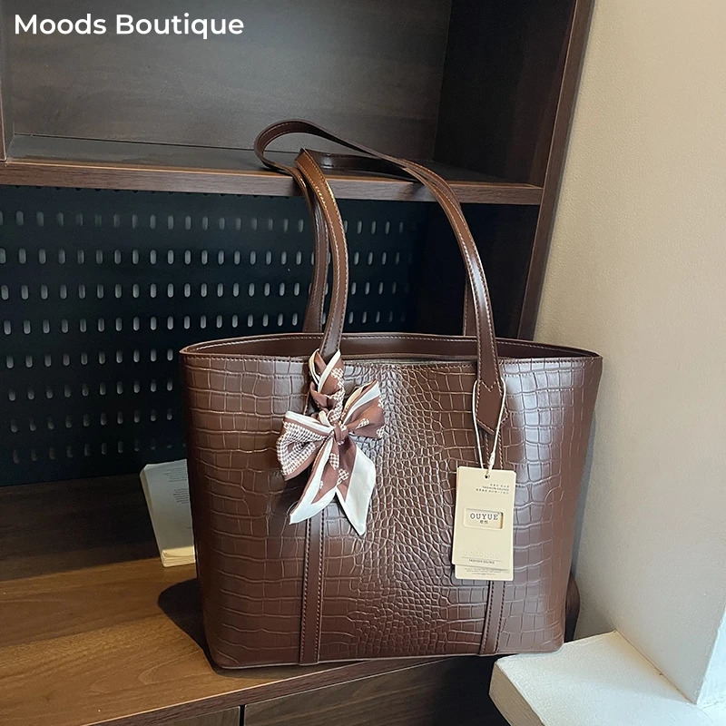 MOODS Crocodile Pattern Women Bag Big Capacity Shopping Shoulder Totes Pure Color Soft PU Leather 2025 Latest Handbag With Scarf 260303