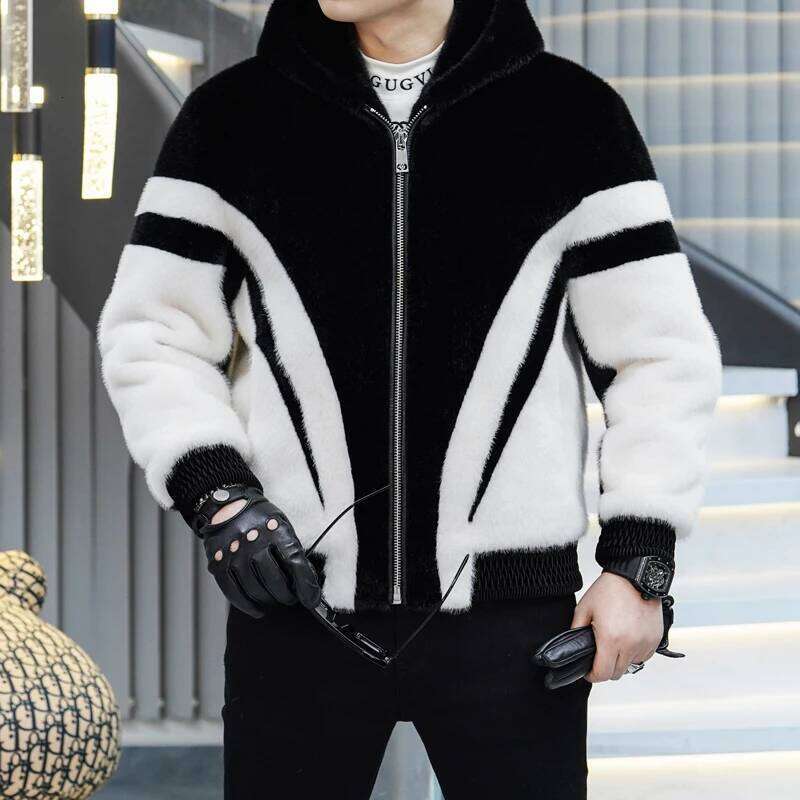 Autumn Winter Leather Men Thick Warm Hooded Casual Business Faux Fur Jacket Splicing Streetwear Social Coats Z260313