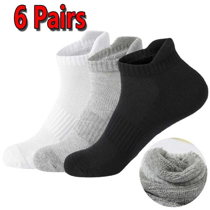 6 Pairs Socks Men Winter Running Ankle Socks Towel Sports Athletic Breathable Comfortable Solid Color Short Socks Black White D260313