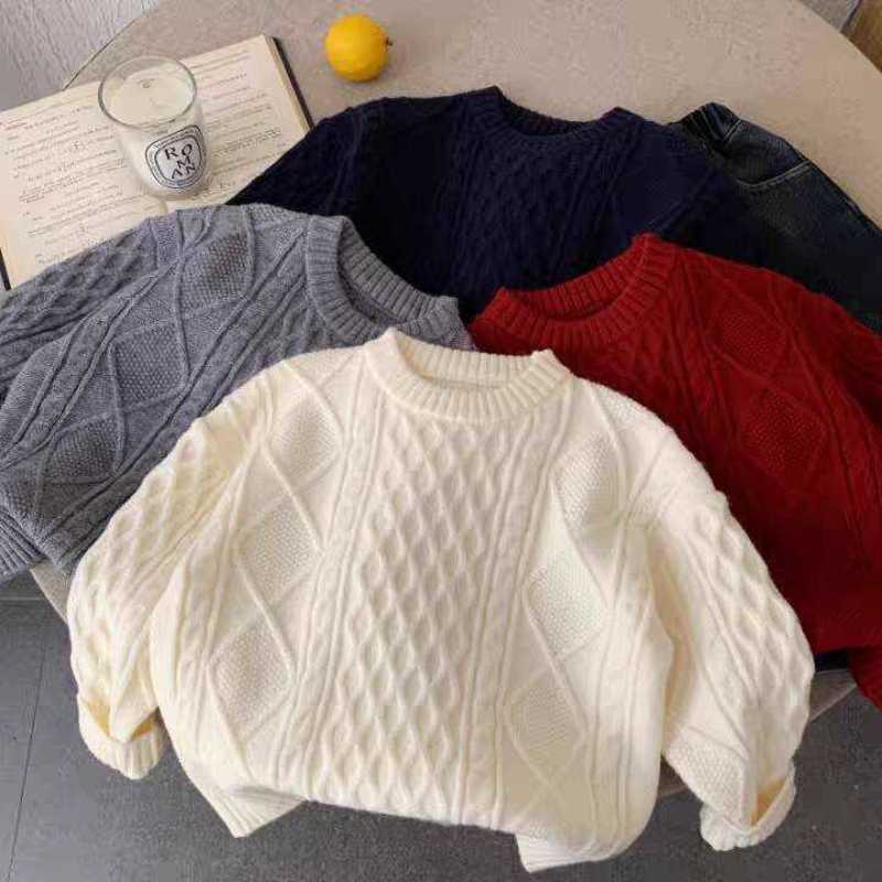 Pullover Children's Sweater for Boys and Girls Casual Thick Knitwear New Winter Style Baby Solid Color Textured Base Shirt Warm